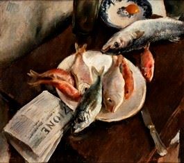 GIANNI VAGNETTI - Still life with fishes and newspaper...