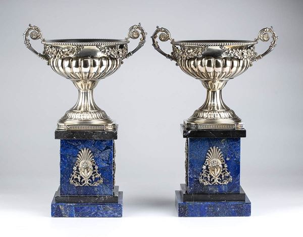 A pair of sterling silver and Lapis lazuli presentation cups on stand - mark of TIFFANY & Co.