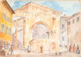 ANONIMO : Resti al Portico d'Ottavia  (1821)  - Acquarello su carta, 20 x 29,3 cm  [..]