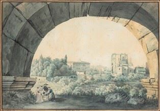 JULES-SAMUEL-HENRI-LOUIS CARRARD - View of the Baths of Trajan in Oppian Hill (Rome)...