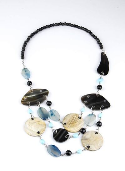 Collana in argento 925/1000 con pietre dure (giaietto, agata, onice) e inserti in corno