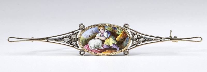Spilla in Oro, Argento Diamanti e Miniatura ...