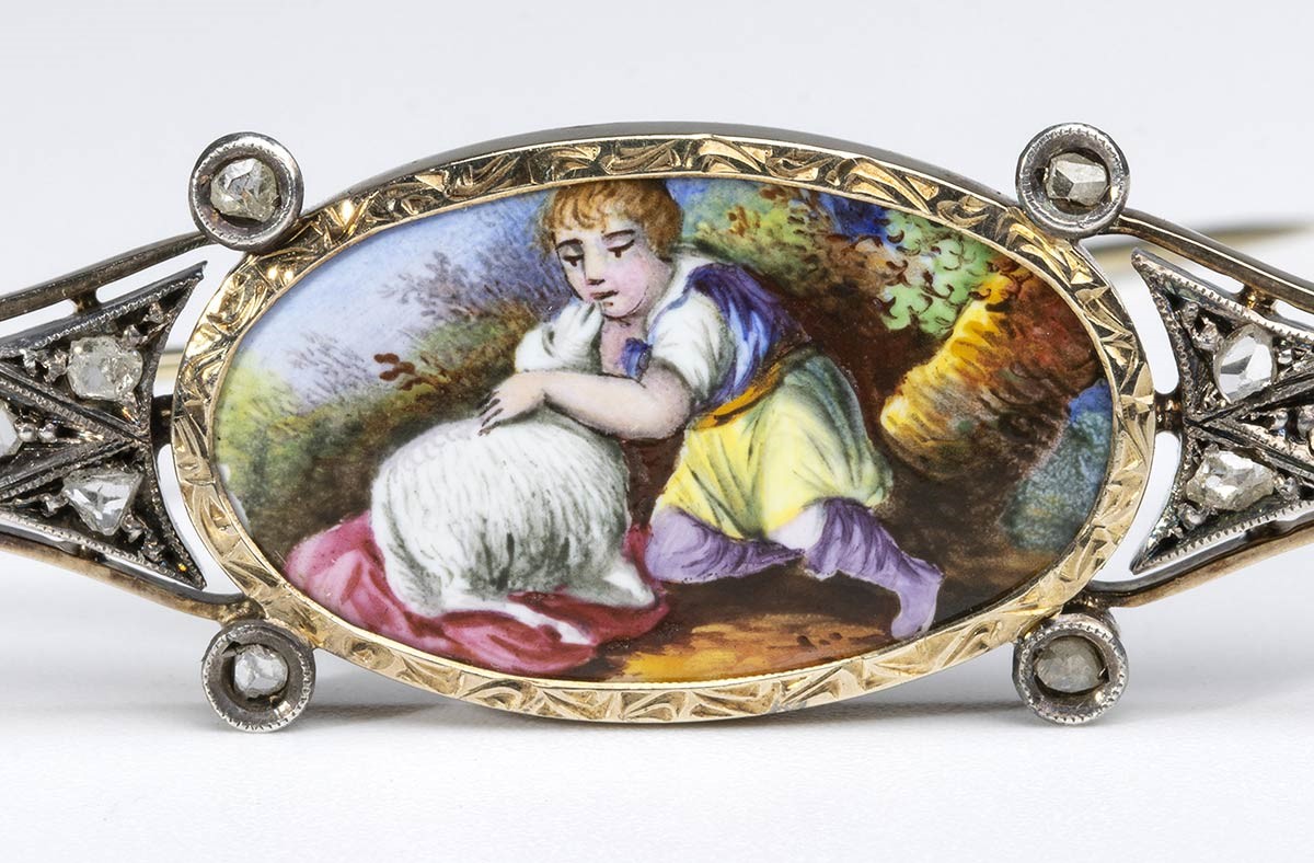 Spilla in Oro, Argento Diamanti e Miniatura ...
