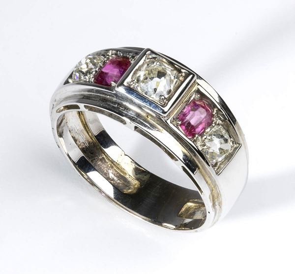 Gold ruby old mine cut diamond band ring