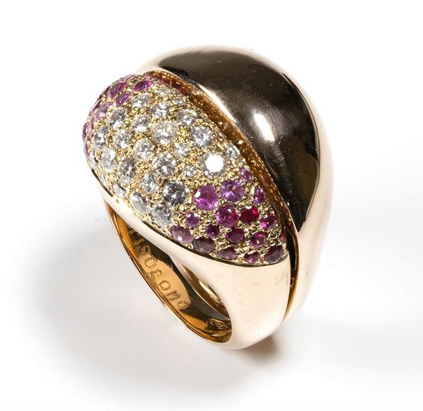 Doppio anello "bacio" in oro diamanti e rubini 