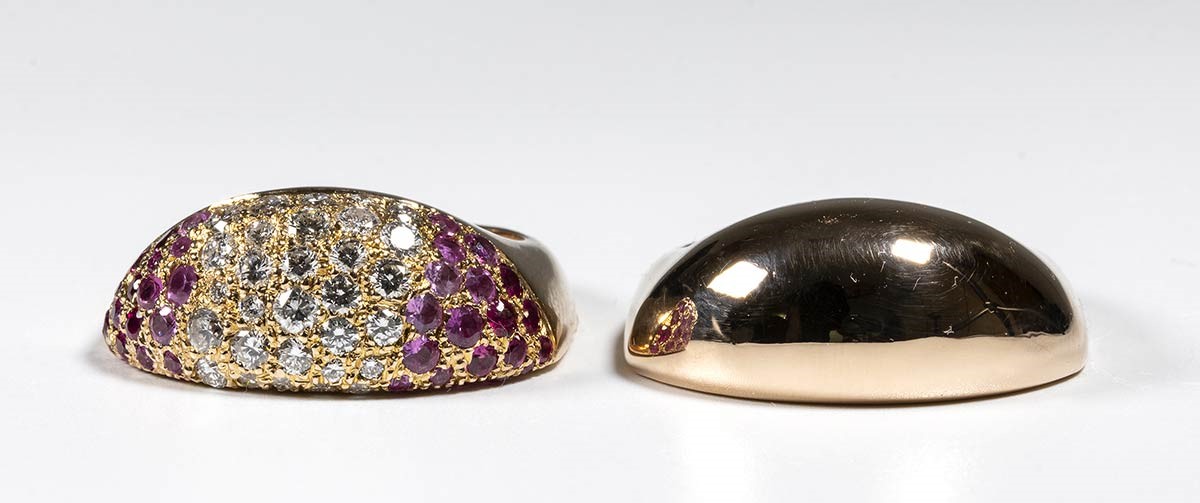 Doppio Anello "bacio" in Oro Diamanti e Rubini