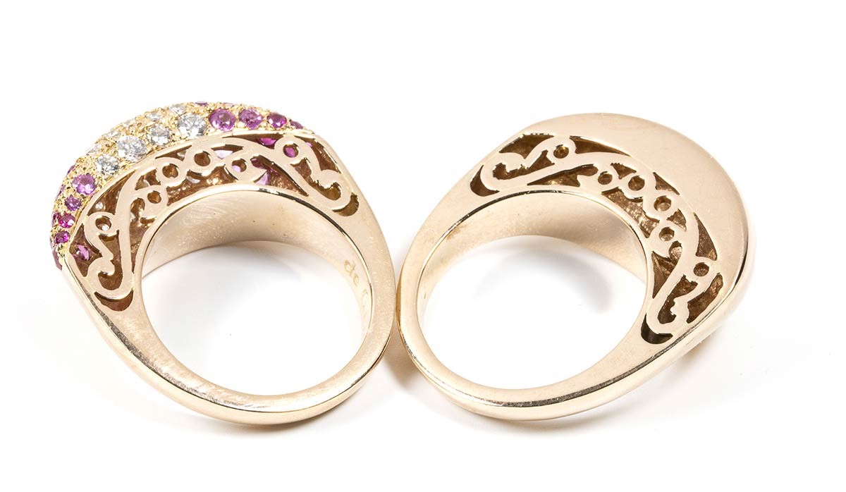 Doppio Anello "bacio" in Oro Diamanti e Rubini
