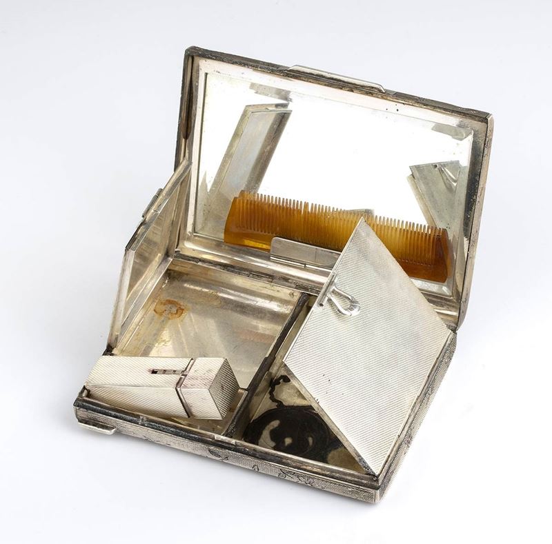 Necessaire Porta Trucco Italiano in Argento - Metà XX Secolo...