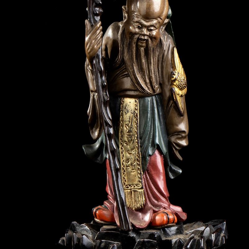 Scultura con Shoulao in Legno Dipinto in Policromia