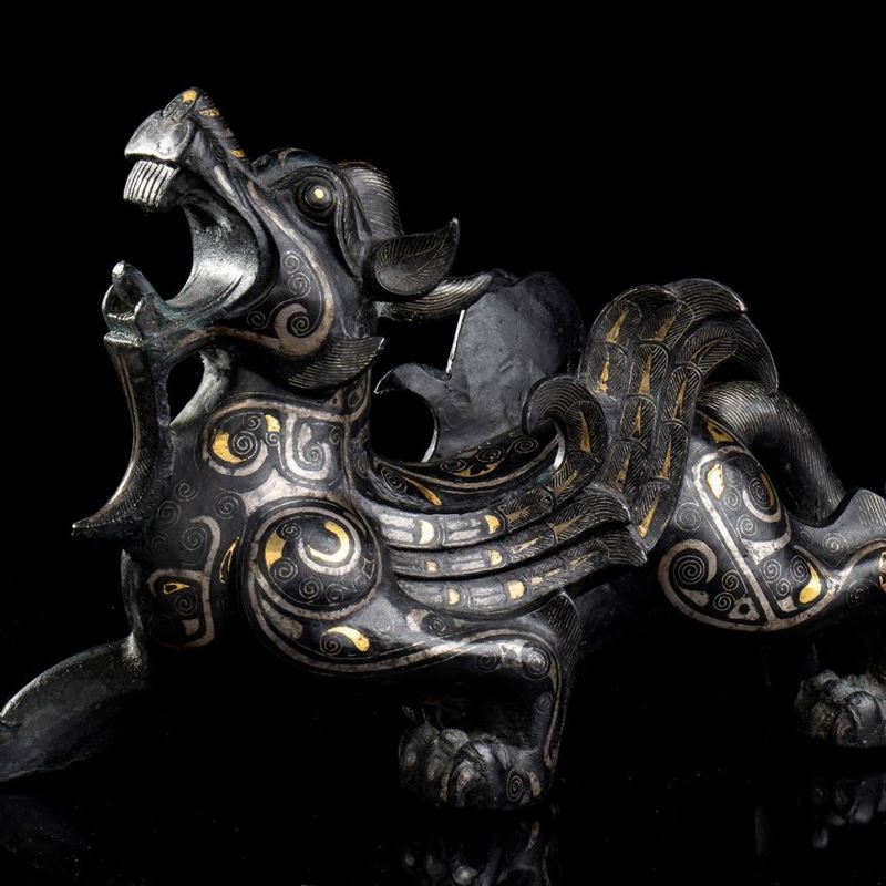Animale Mitologico in Bronzo Ageminato in Oro e Argento