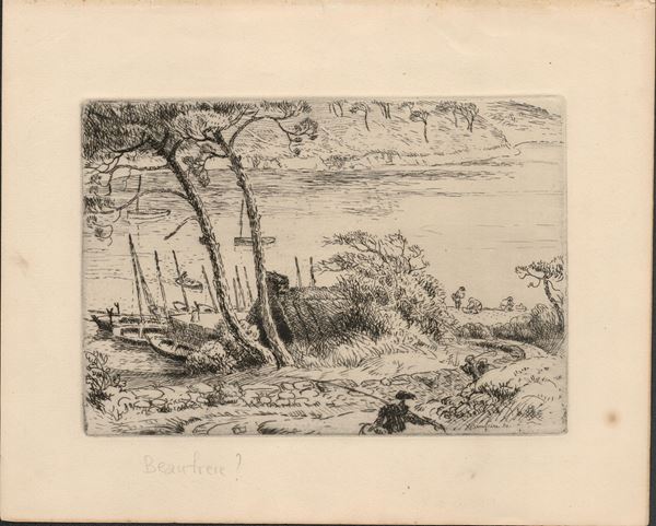 Paesaggio con il lago e le barche, 1920...  - Acquaforte e puntasecca, 138 x 198 mm (lastra); 217 x 266 mm (foglio) - Auction STAMPE, LIBRI E CARTE GEOGRAFICHE  - Bertolami Fine Art - Casa d'Aste