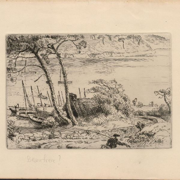 Paesaggio con il lago e le barche, 1920...