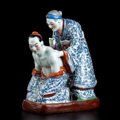 Gruppo in Porcellana con Decoro a Smalti Policromi con Yue Fei e Sua Madre
