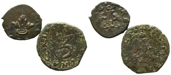 MESSINA. REGNO DI SICILIA. Filippo II di Spagna (1556-1598). 3 piccioli - 2 piccioli. Lotto di 2 esemplari. Cu. Spahr  125-127. Mir 339-341.   Conservazioni varie