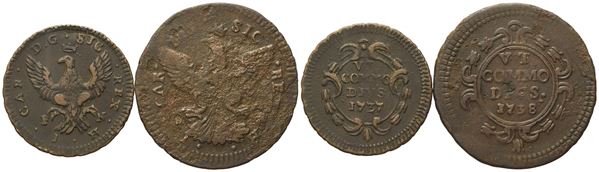 PALERMO. Regno di Sicilia. Carlo di Borbone (1734-1759). Lotto di 2 esemplari: 1 grano 1737 (4,03 g; 23,6 mm); 2 grani 1738 (7,03 g; 30 mm)