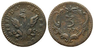 Palermo. Regno di Sicilia. Ferdinando III di Borbone (1759-1816). 3 Piccioli 1776. Cu (1,74 G; 18...
