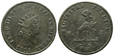 Palermo. Regno di Sicilia. Ferdinando III di Borbone (1759-1816). 5 Grani 1815. Cu (15,75 G; 30,8...