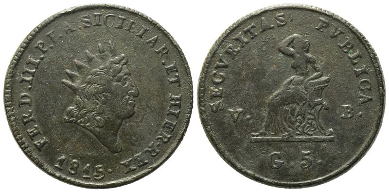 Palermo. Regno di Sicilia. Ferdinando III di Borbone (1759-1816). 5 Grani 1815. Cu (15,75 G; 30,8...