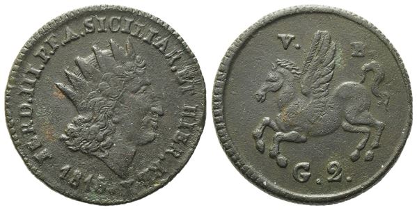 PALERMO. REGNO DI SICILIA. Ferdinando III di Borbone (1759-1816). 2 grani 1815. Cu (6,72 g; 22,8 mm).Gig. 109.