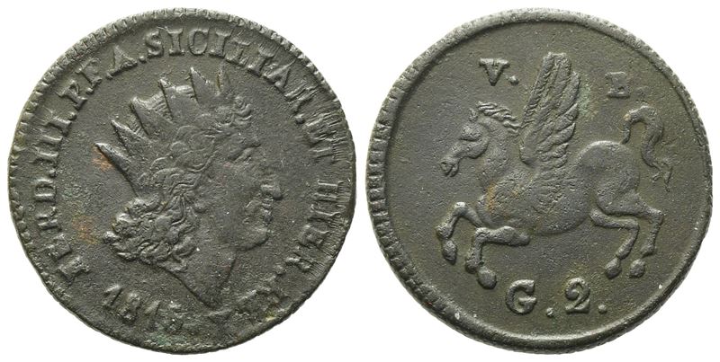 Palermo. Regno di Sicilia. Ferdinando III di Borbone (1759-1816). 2 Grani 1815. Cu (6,72 G; 22,8 ...
