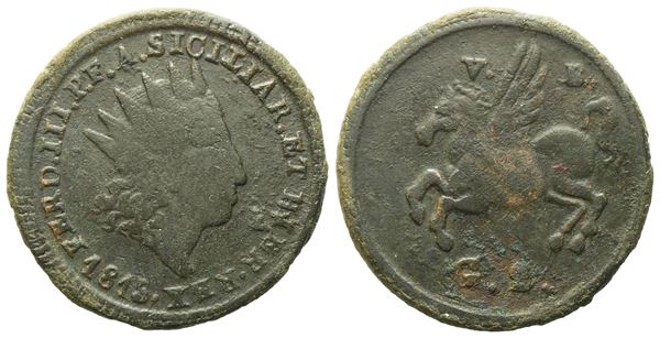 PALERMO. REGNO DI SICILIA. Ferdinando III di Borbone (1759-1816). 2 grani 1815. Cu (6,62 g; 22,6 mm).Gig. 109.