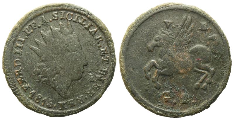 Palermo. Regno di Sicilia. Ferdinando III di Borbone (1759-1816). 2 Grani 1815. Cu (6,62 G; 22,6 ...