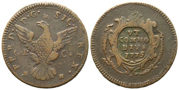 PALERMO. REGNO DI SICILIA. Ferdinando III di Borbone (1759-1816). 2 grani 1779. Cu (8,63 g; 5 mm).