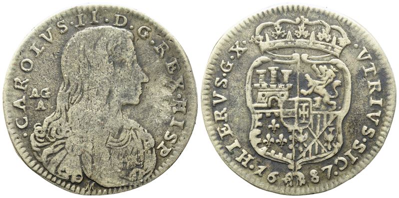 Napoli. Regno di Napoli. Carlo II di Spagna (1665-1700). Carlino da 10 Grana 1687. Ag (2,73 G; 21...