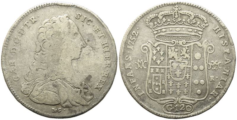 Napoli. Regno di Napoli. Carlo di Borbone (1734-1759). Piastra 120 Grana 1752. Ag (24,47 G; 41,5 ...