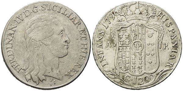 NAPOLI. Regno di Napoli. Ferdinando IV di Borbone (1759-1799 I periodo). Piastra da 120 grana 1796. Ag (27,45 g; 40,1 mm)  - Asta Monete e medaglie medievali e moderne italiane ed estere - Bertolami Fine Art - Casa d'Aste