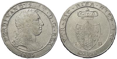 Napoli. Regno di Napoli. Ferdinando IV di Borbone (1799 - 1805 - II Periodo). Piastra da 120 Gran...