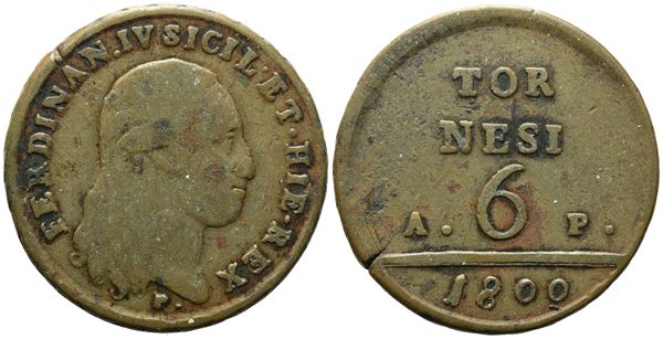 NAPOLI. REGNO DI NAPOLI. Ferdinando IV di Borbone (1759-1799 I per.). 6 tornesi 1800 "A.P.". Cu (20,11 g; 33,7 mm).Gig. 118a. R.