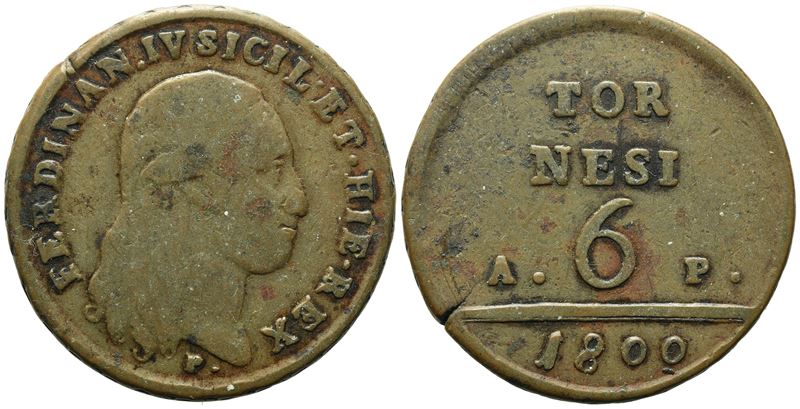 Ferdinando IV di Borbone, 6 tornesi 1800 'A.P.', Cu (20,11 g; 33,7 mm)