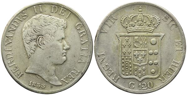 NAPOLI. REGNO DELLE DUE SICILIE. Ferdinando II di Borbone (1830-1859). Piastra da 120 grana 1833. Ag (27,43 g; 37 mm).Gig. 57. NC.