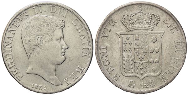 NAPOLI. Regno delle Due Sicilie. Ferdinando II di Borbone (1830-1859). Piastra da 120 grana 1834. Ag (27,43 g; 37,2 mm)