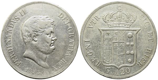 NAPOLI. REGNO DELLE DUE SICILIE. Ferdinando II di Borbone (1830-1859). Piastra da 120 grana 1853. Ag (27,52 g; 36,8 mm).Gig. 84.