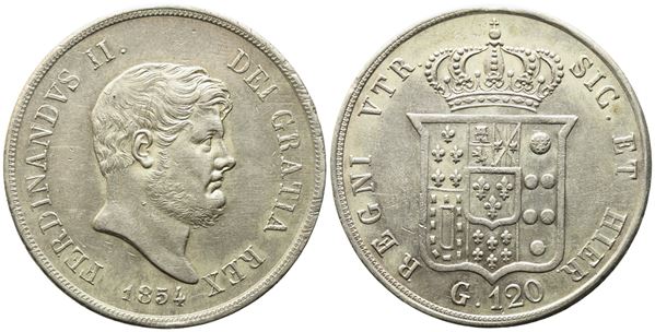NAPOLI. REGNO DELLE DUE SICILIE. Ferdinando II di Borbone (1830-1859). Piastra da 120 grana 1854. Ag (27,43 g; 36,8 mm) Gig. 85.