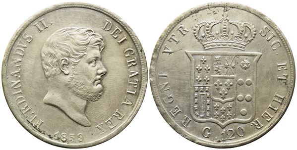 NAPOLI. REGNO DELLE DUE SICILIE. Ferdinando II di Borbone (1830-1859). Piastra da 120 grana 1859. Ag (27,54 g; 36,8 mm). Gig. 90. NC.