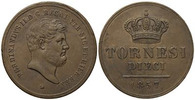 Napoli. Regno delle Due Sicilie. Ferdinando II di Borbone (1830-1859). 10 Tornesi 1857. Cu (28,08...