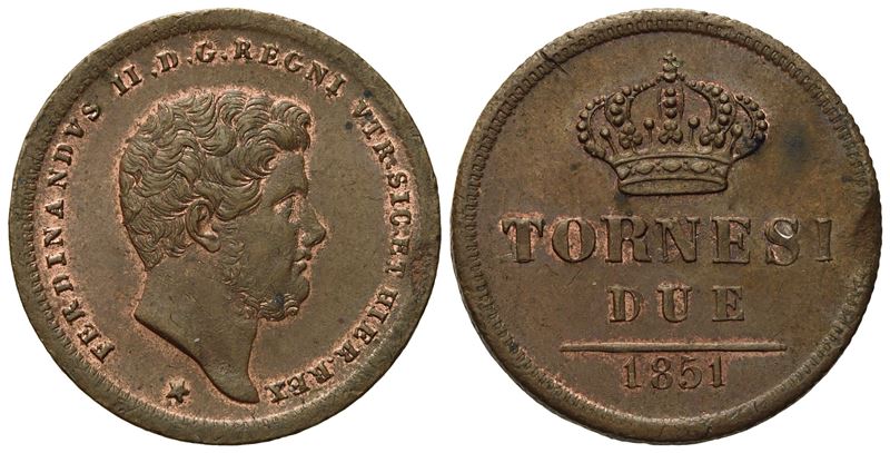 Napoli. Regno delle Due Sicilie. Ferdinando II di Borbone (1830-1859). 2 Tornesi 1851. Cu (6,13 G...