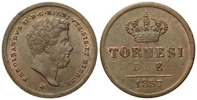 Napoli. Regno delle Due Sicilie. Ferdinando II di Borbone (1830-1859). 2 Tornesi 1857. Cu (5,65 G...