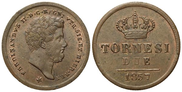 NAPOLI. Regno delle Due Sicilie. Ferdinando II di Borbone (1830-1859). 2 tornesi 1857. Cu (5,65 g; 24,2 mm)