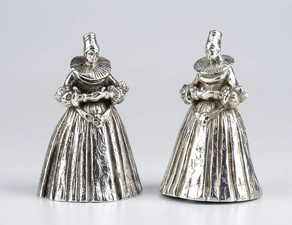 Coppia di campanelli figurativi tedeschi in argento - Hanau fine XIX secolo, argentieri B. NERESHEIMER & SOHNE