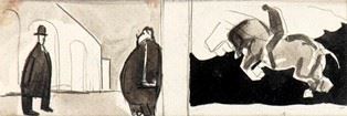 MARIO SIRONI - Due composizioni, architettura con figure e Cavaliere, 1921...