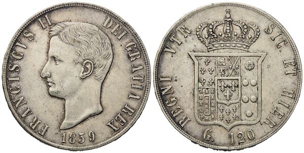 NAPOLI. Regno delle Due Sicilie. Francesco II di Borbone (1859-1860). Piastra da 120 grana 1859. Ag (27,4 g; 37 mm)  - Asta Monete e medaglie medievali e moderne italiane ed estere - Bertolami Fine Art - Casa d'Aste