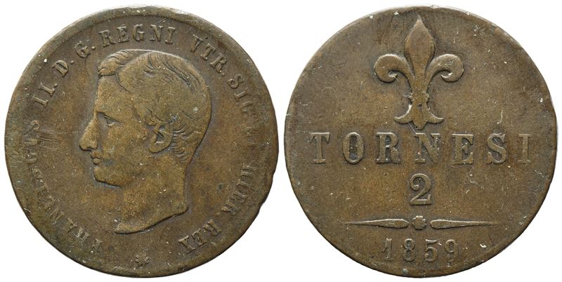 Napoli. Regno delle Due Sicilie. Francesco II di Borbone (1859-1861). 2 Tornesi 1859, Ae (5,77 G;...