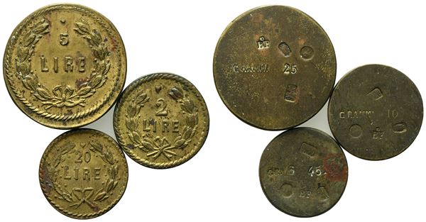 REGNO D'ITALIA. Vittorio Emnuele II (1861-1878). Peso monetale 5 lire grammi 10, 2 lire grammi 5, 20 lire grammi 6,45. Interessante lotto di 3 pesi monetali. . Nominali, conservazioni e metalli vari  - Asta MONETE E MEDAGLIE MODERNE, CONI, PUNZONI E RARITÀ MASSONICHE - Bertolami Fine Art - Casa d'Aste
