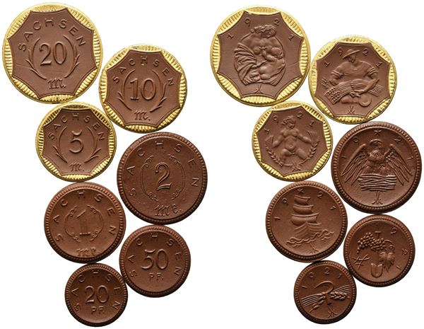 GERMANIA. SASSONIA. interessante set marchi 1921 in ceramica 7 esemplari, composta da: 20, 10, 5, 2, 1 m; 50, 20 pfenning. In astuccio originale.