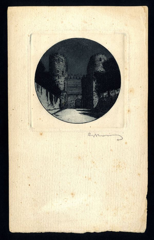 Notturno a Porta Latina - Roma, 1910 ca....  - Acquaforte, cm 24x14,8 (foglio), cm 10,8x10,8 - immagine diam. cm 9. - Asta STAMPE, LIBRI E CARTE GEOGRAFICHE  - Bertolami Fine Art - Casa d'Aste