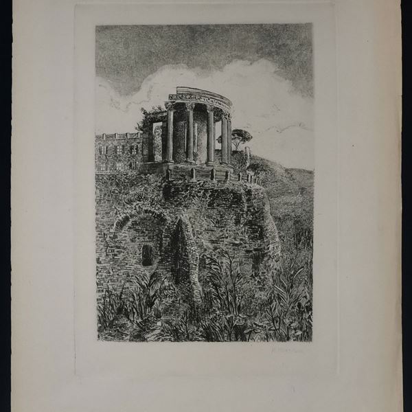 Arturo Montrone : Il tepio della Sibilla a Tivoli...  - Etching, cm 33,8x46,5 - Auction STAMPE, LIBRI E CARTE GEOGRAFICHE  - Bertolami Fine Art - Casa d'Aste